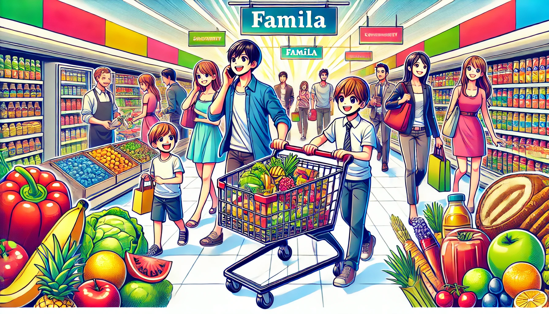 Menschen, die im Famila-Supermarkt Lebensmittel einkaufen, mit Einkaufswagen voller frischer Produkte und Haushaltswaren.